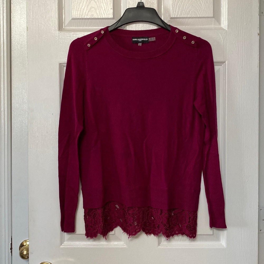 Karl Lagerfeld Paris Burgundy Crew Neck Sweater Lace Trim